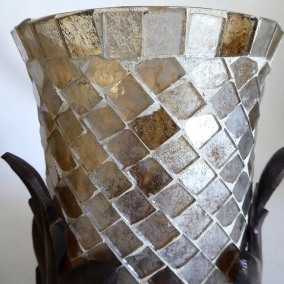 NEW 7.25” STAINED GLASS MOSAIC ART GLASS CAST IRON LEAF STANDS CANDLE HOLDER SET - Picture 6 of 13